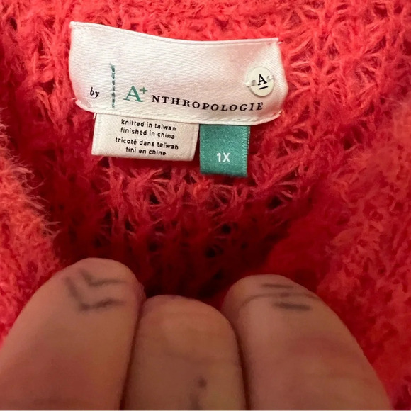 ANTHROPOLOGIE ruffled boat neck sweater size 1X cozy warm coral wool blend knit - Picture 4 of 9